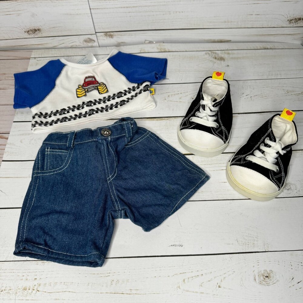 Build a Bear Outfit Set: Truck T Shirt Blue Jean Shorts & Hi‎ top Sneakers